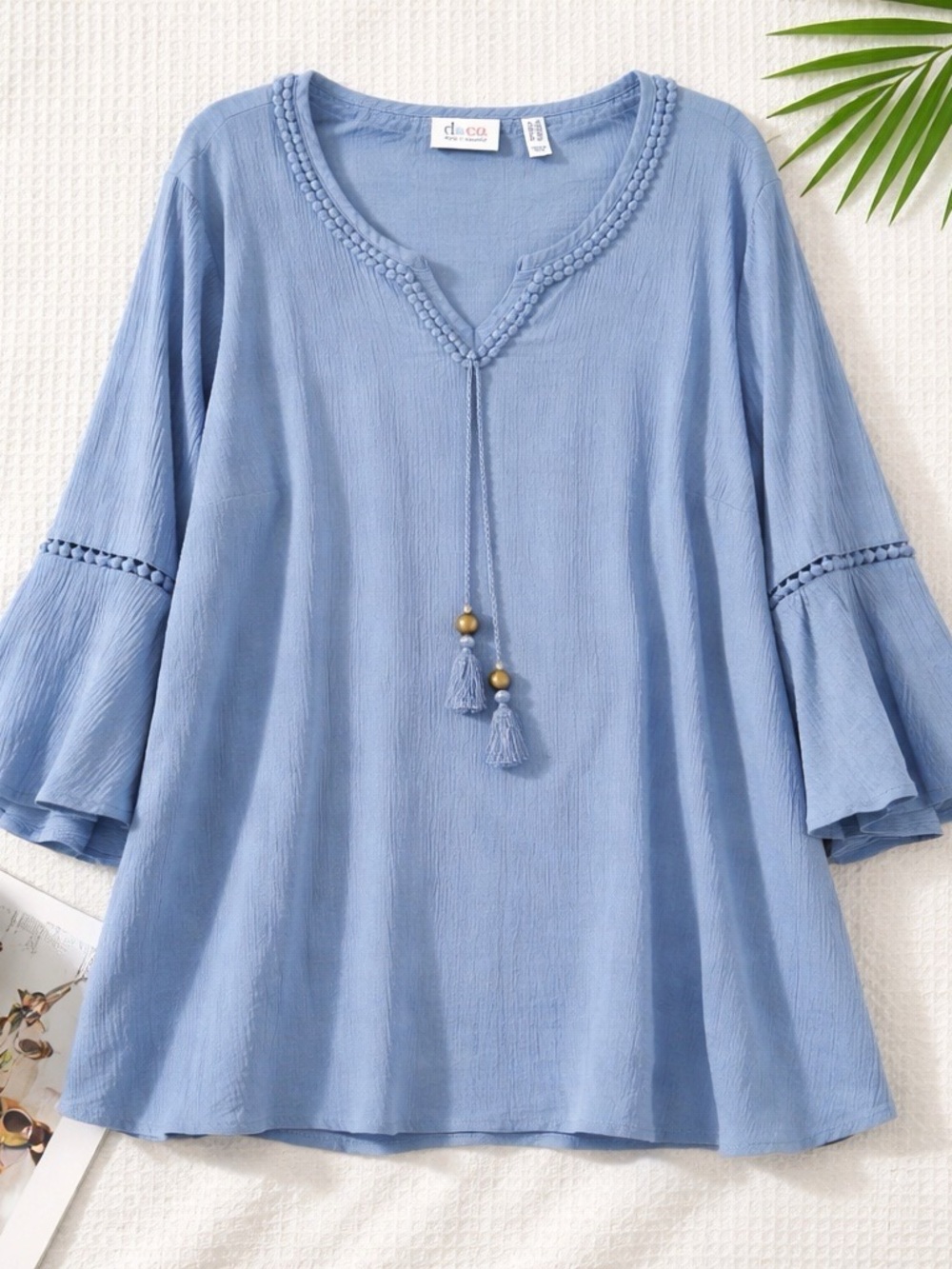 Denim&Co Light Blue Tassel V-Neck Bell Sleeve Tunic
